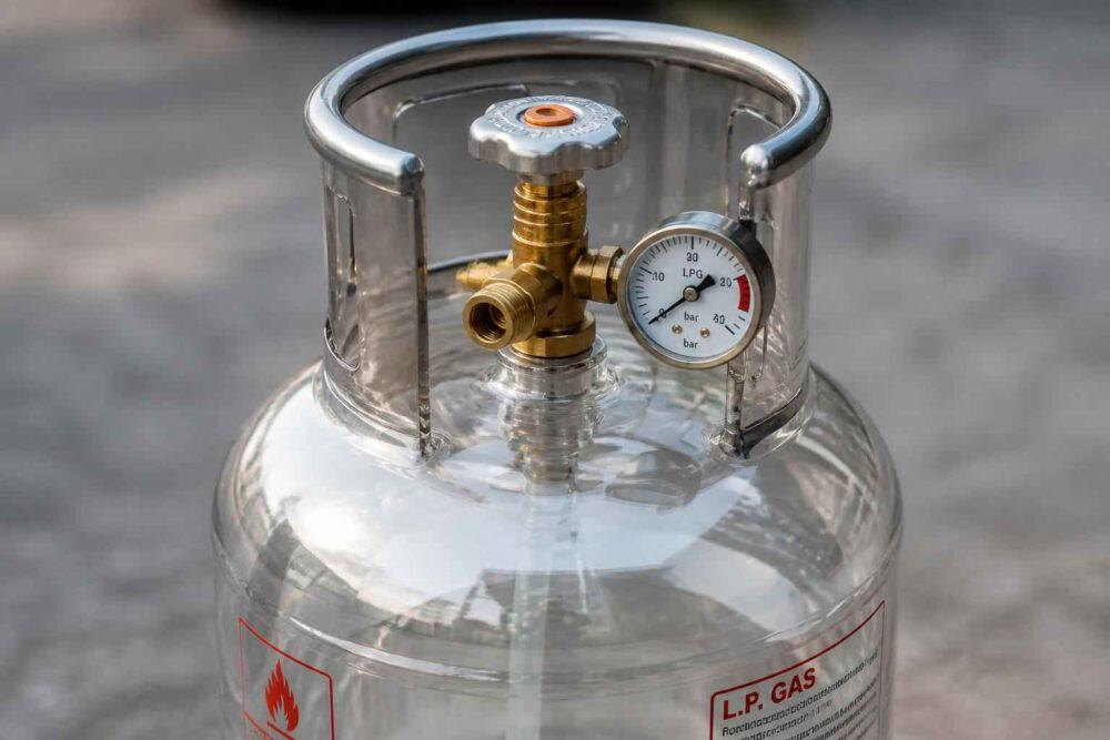 Zbliżenie przezroczystej butli LPG z zaworem i manometrem ciśnienia
