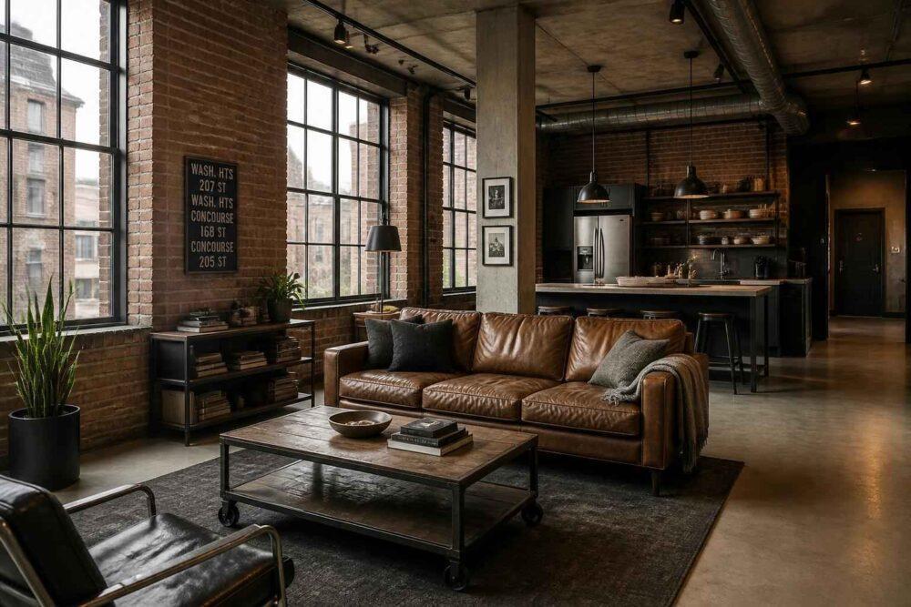 Salon w stylu industrialnym z brązową skórzaną sofą, stolikiem kawowym i kuchnią w tle