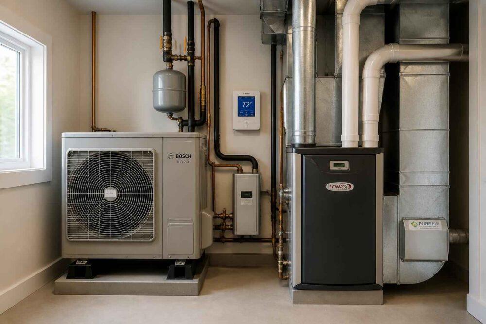 Pompa ciepła, kocioł grzewczy i rury instalacji HVAC w pomieszczeniu technicznym