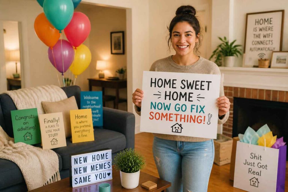 Kobieta z tablicą Home Sweet Home w salonie Uśmiechnięta kobieta trzyma tablicę Home Sweet Home, a wokół niej widać balony i dekoracje z okazji przeprowadzki