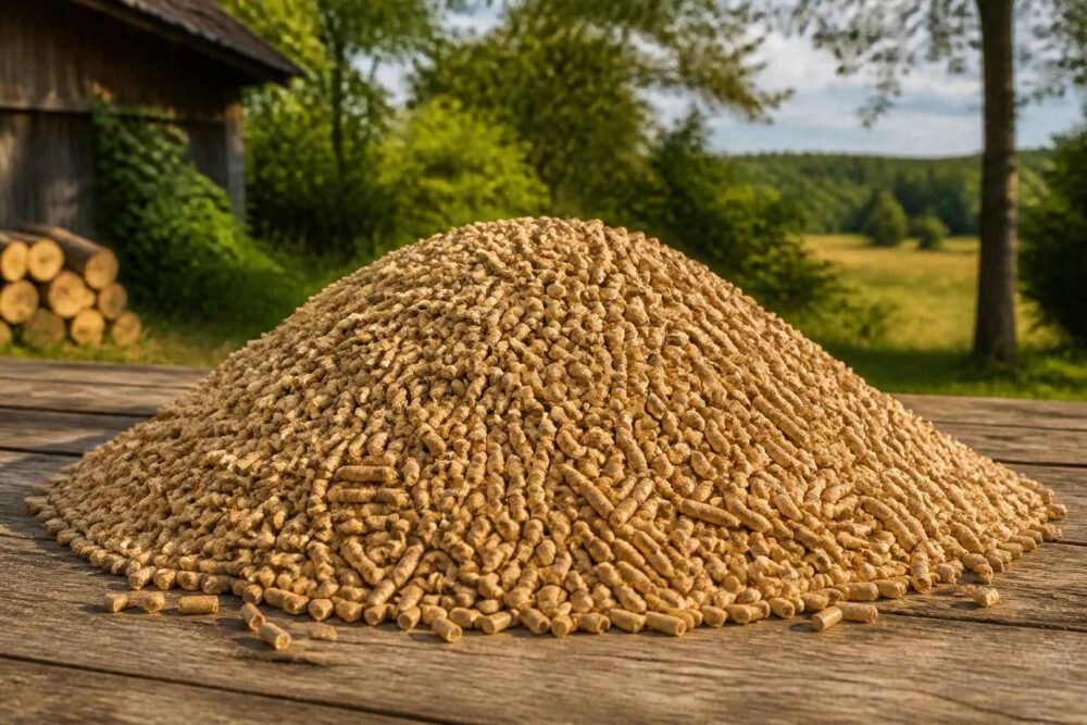 Kopiec pelletu na drewnianym tarasie Duży kopiec drewnianego pelletu na tarasie, z wiejskim domem i zielonym krajobrazem w tle