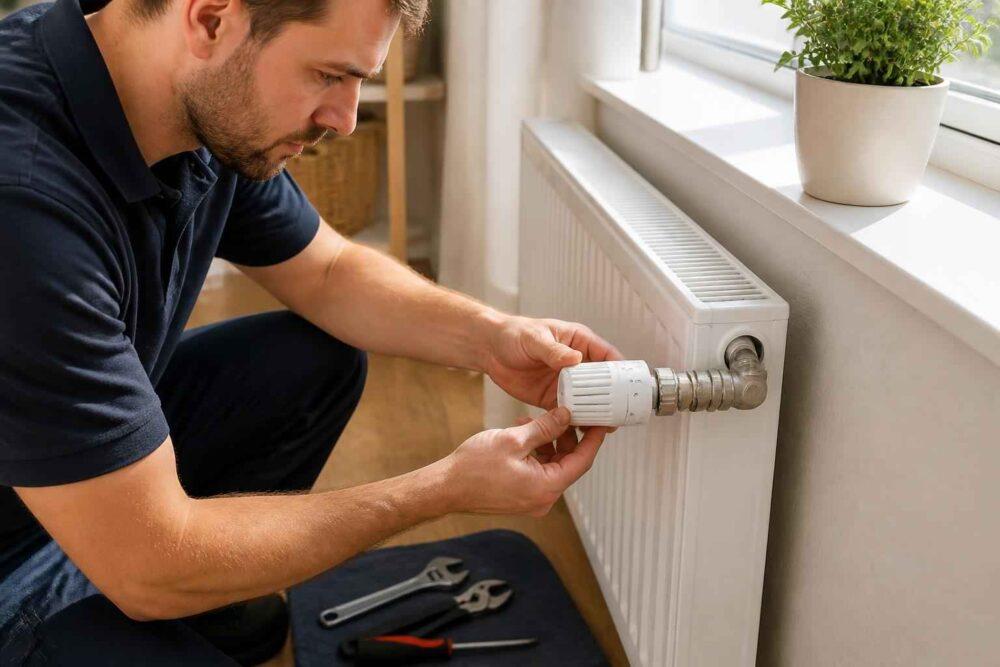 Mężczyzna montuje głowicę termostatyczną na grzejniku pod oknem