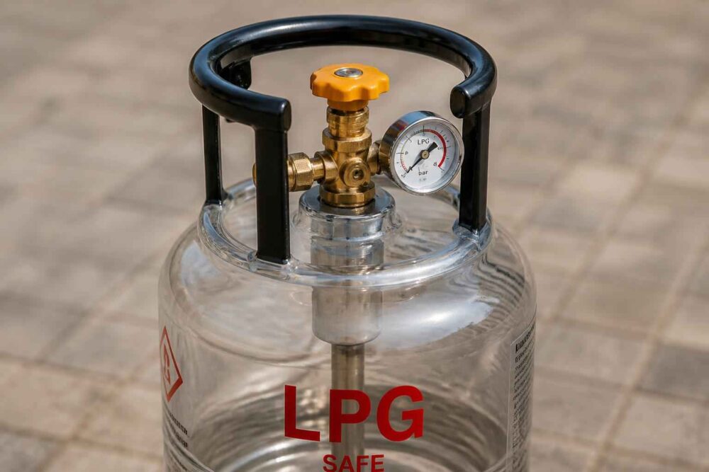 Przezroczysta butla LPG z żółtym zaworem, osłoną i okrągłym wskaźnikiem ciśnienia
