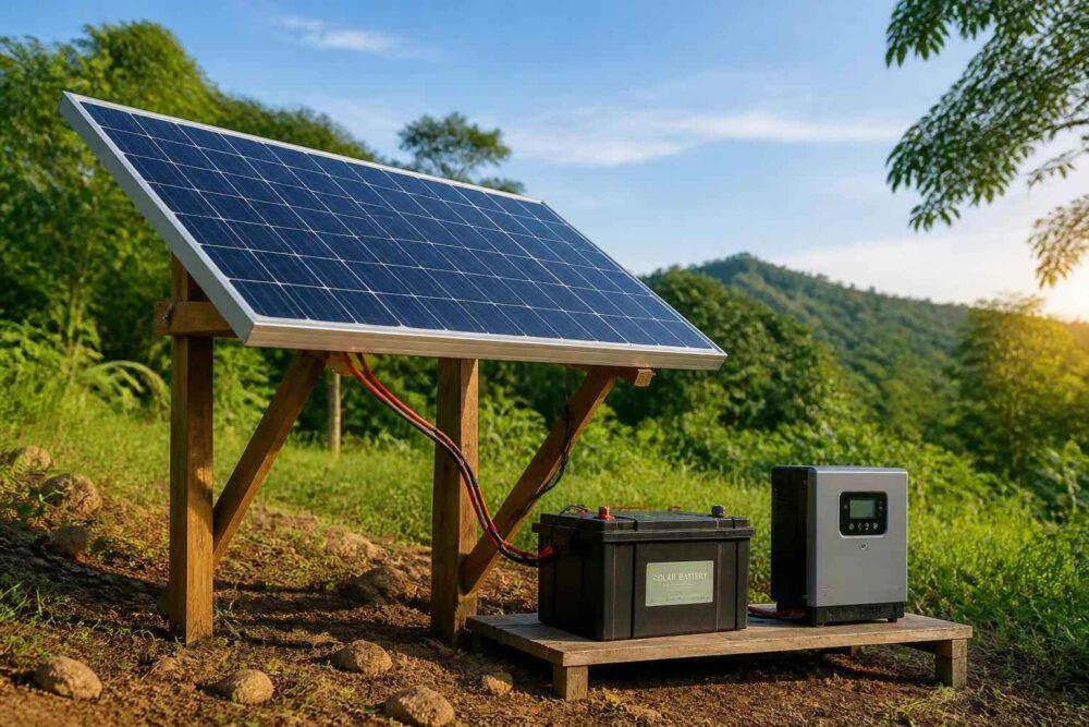 Panel fotowoltaiczny na drewnianej konstrukcji z akumulatorem i kontrolerem energii na tle zielonych wzgórz