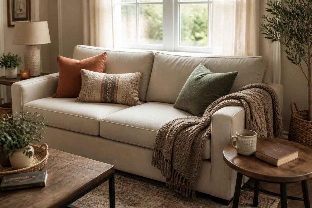 Jasna sofa z poduszkami i kocem w przytulnym salonie przy dużym oknie