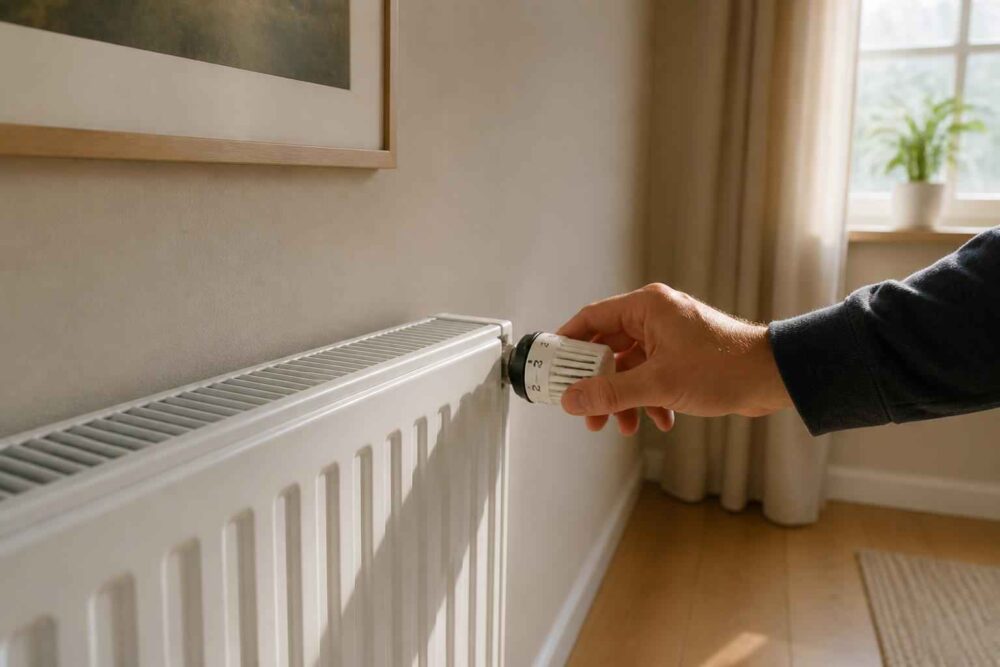 Ustawianie temperatury na kaloryferze Dłoń regulująca pokrętło białego grzejnika w jasnym pokoju przy oknie
